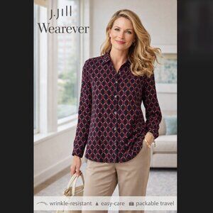 J. Jill Wearever Blouse Large Navy Blue Geo Chain Easy Care Button Shirt Top NWT